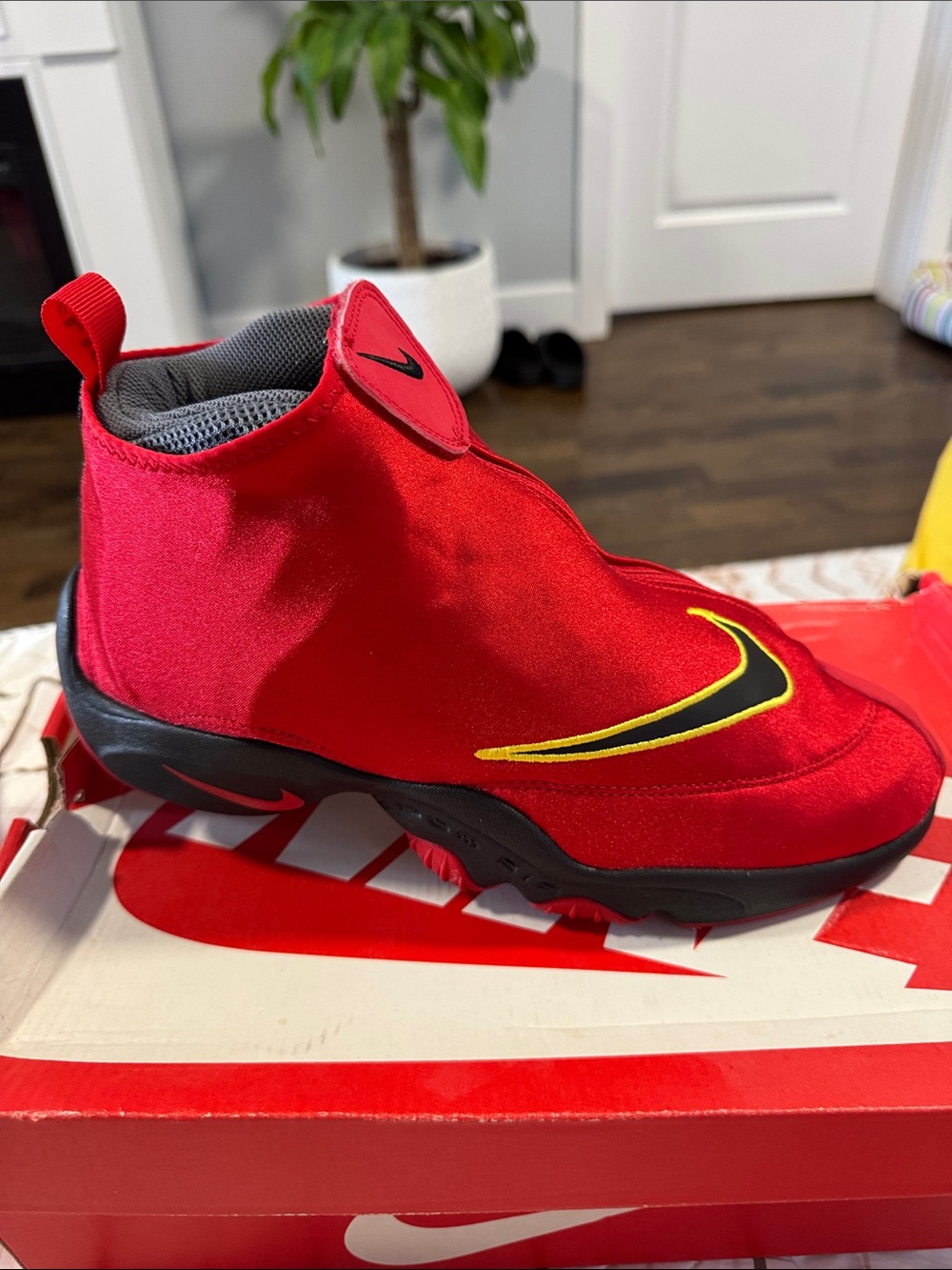 Nike Kids Red Slip-On Sneakers with Black & Yellow Swoosh